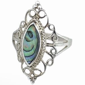 925 Sterling Silver Natural Abalone Shell Filigree Ring Size 6 JC